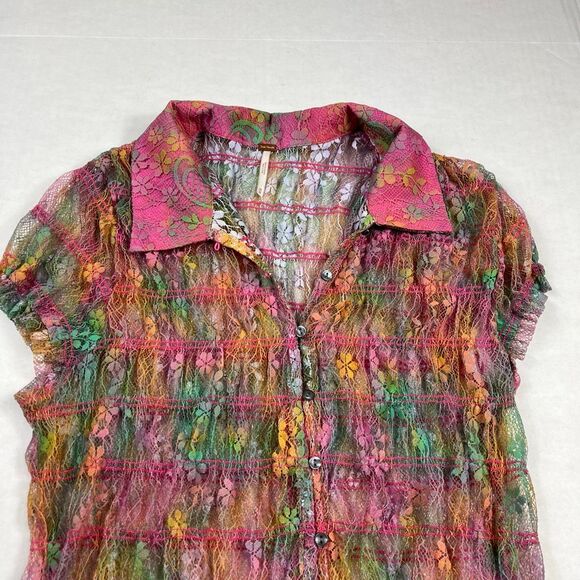 Free People Julie Lace Button Down Shirt Colorful Y2K Short Sleeve Boho Top M - Picture 3 of 10